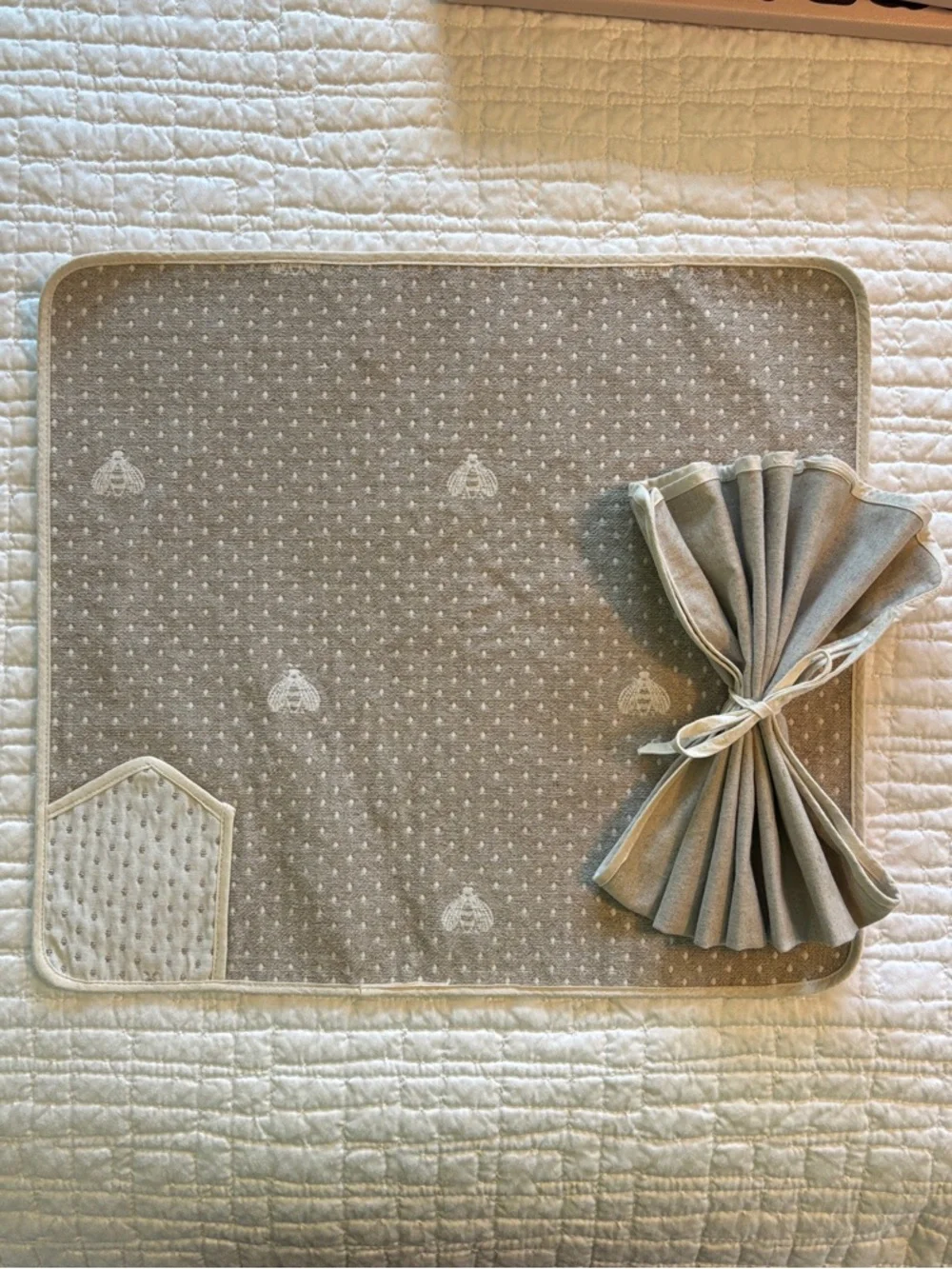 Taupe Bee and Polka Dot Placemat and Matching Napkin Set of Four